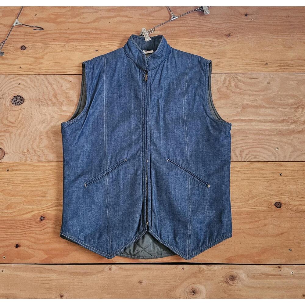 Workrite Quilt-Lined Denim Vest Blue Denim Zip Up Sz M 1970s